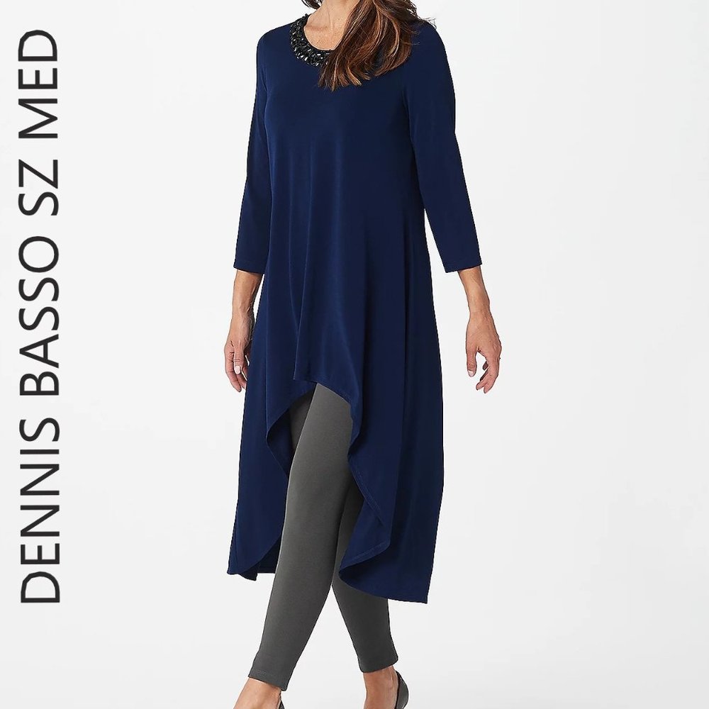 dennis basso Navy Blue Asymmetrical Tunic with Embellished Neckline